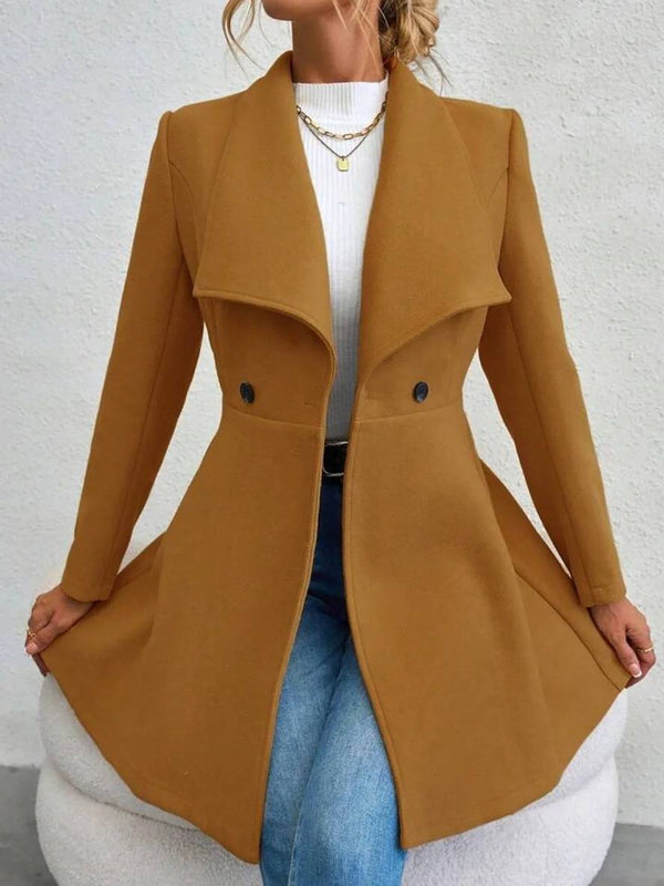 Abrigo largo de mujer con botones, cuello solapa y mangas largas, diseño elegante y casual