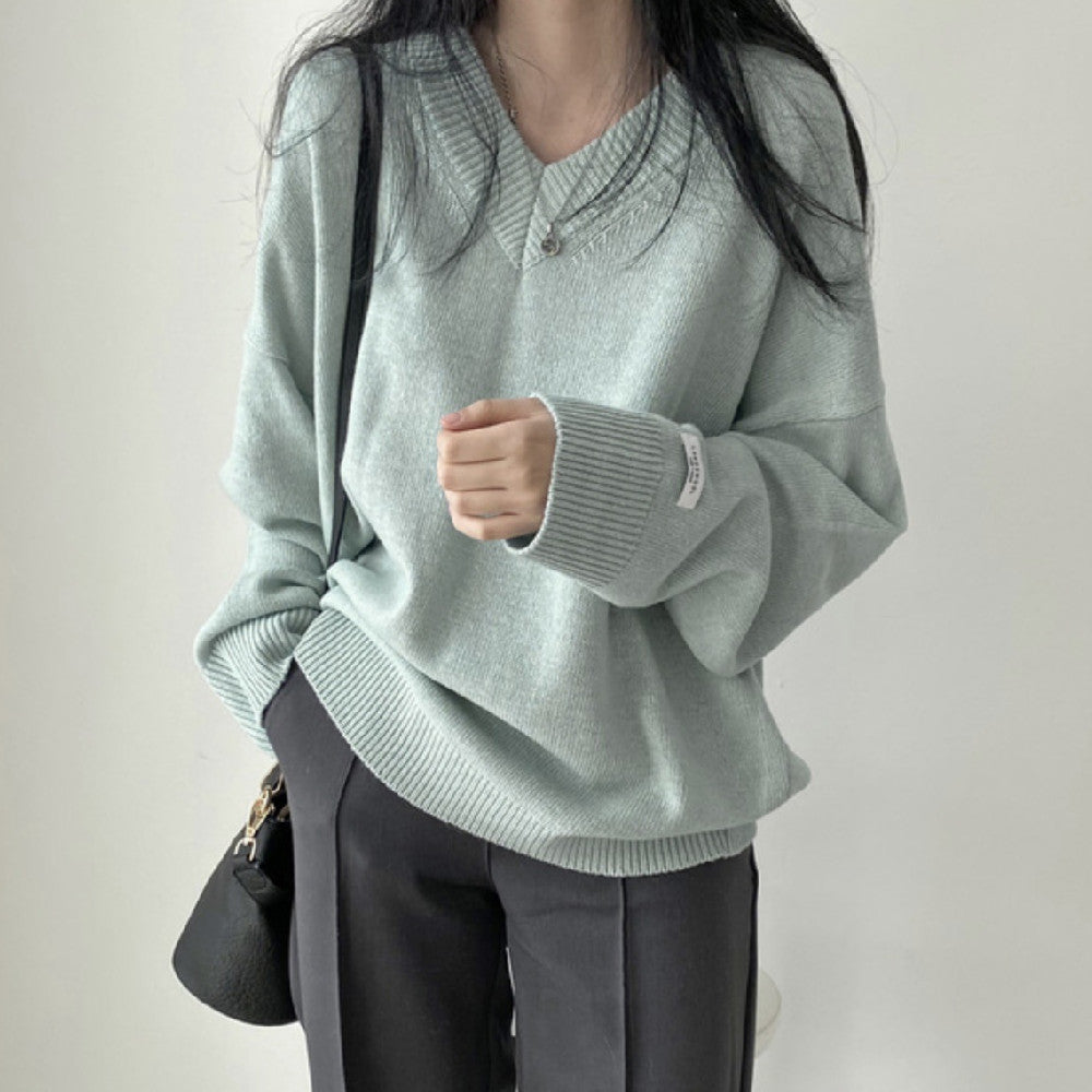 Suéter de Pullover de Cuello en V en Colores Sólidos para un Estilo Academia Oscura