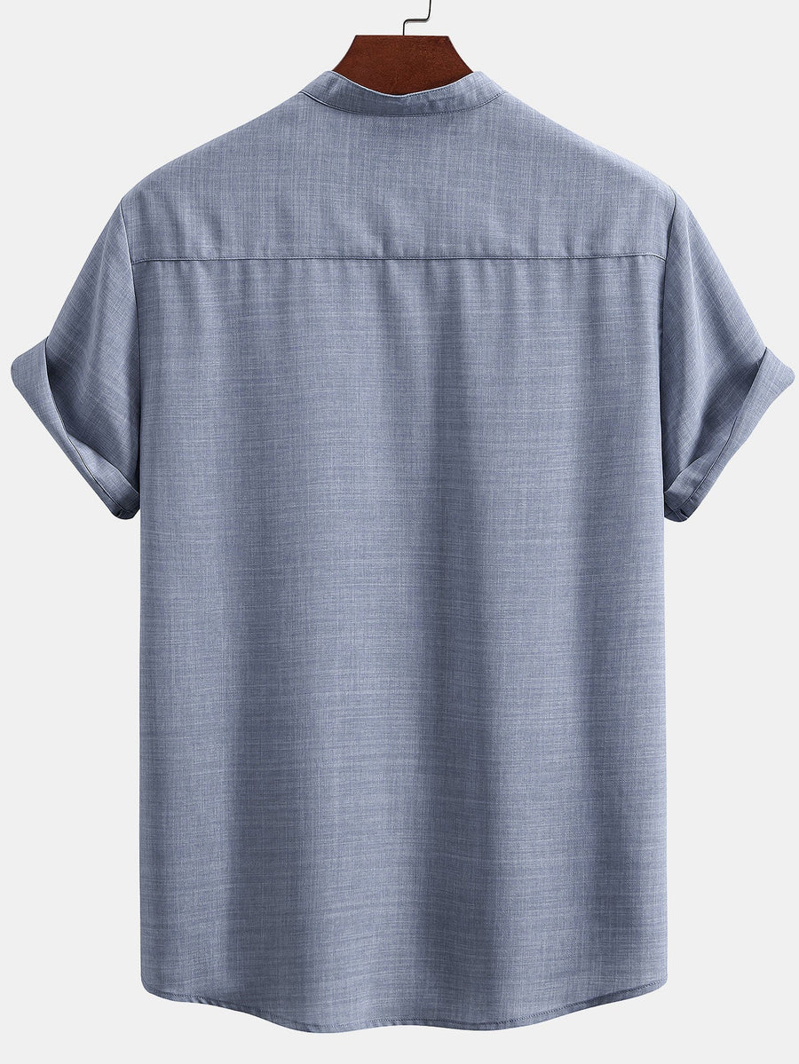 Conjunto para hombre con camisa de cuello mao de manga corta y pantalón recto casual
