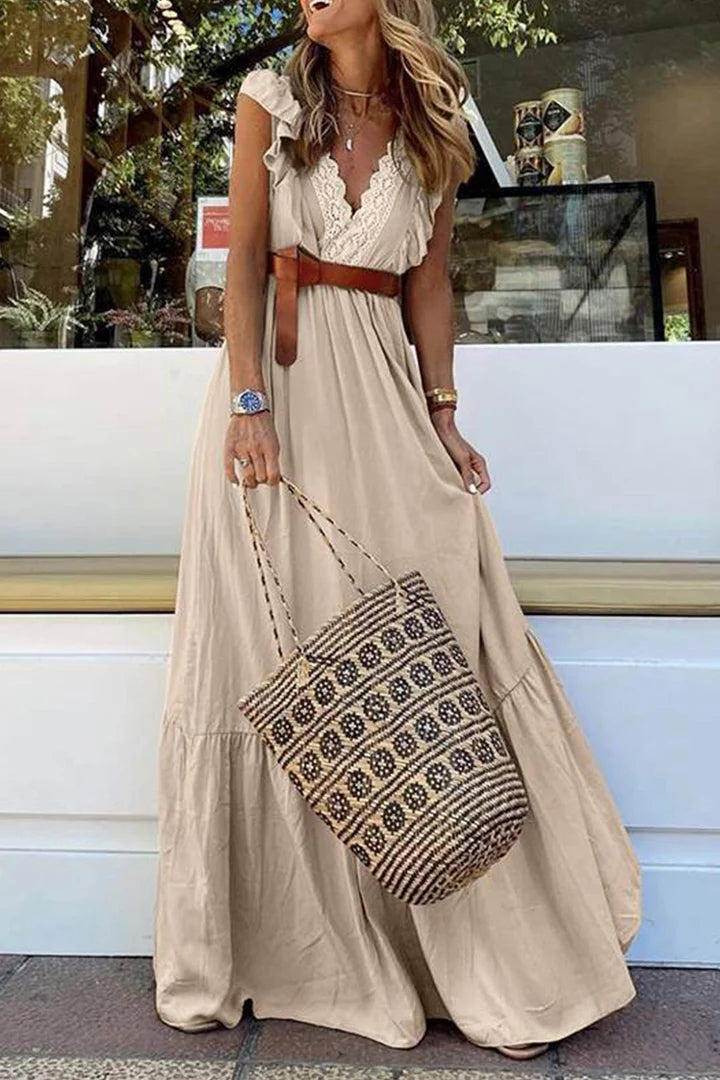 Blanca - maxi vestido de encaje con escote en pico y volante