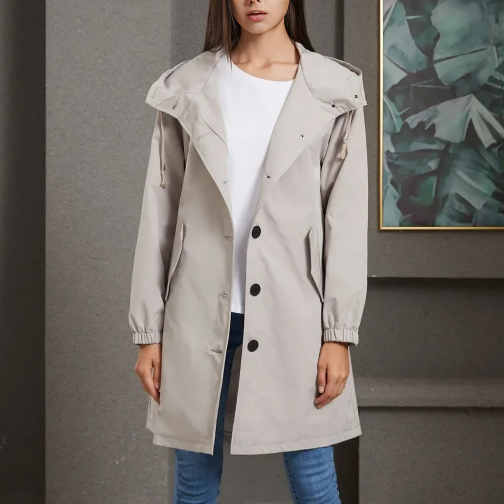 Capa elegante con capucha para mujer y cierre de botones