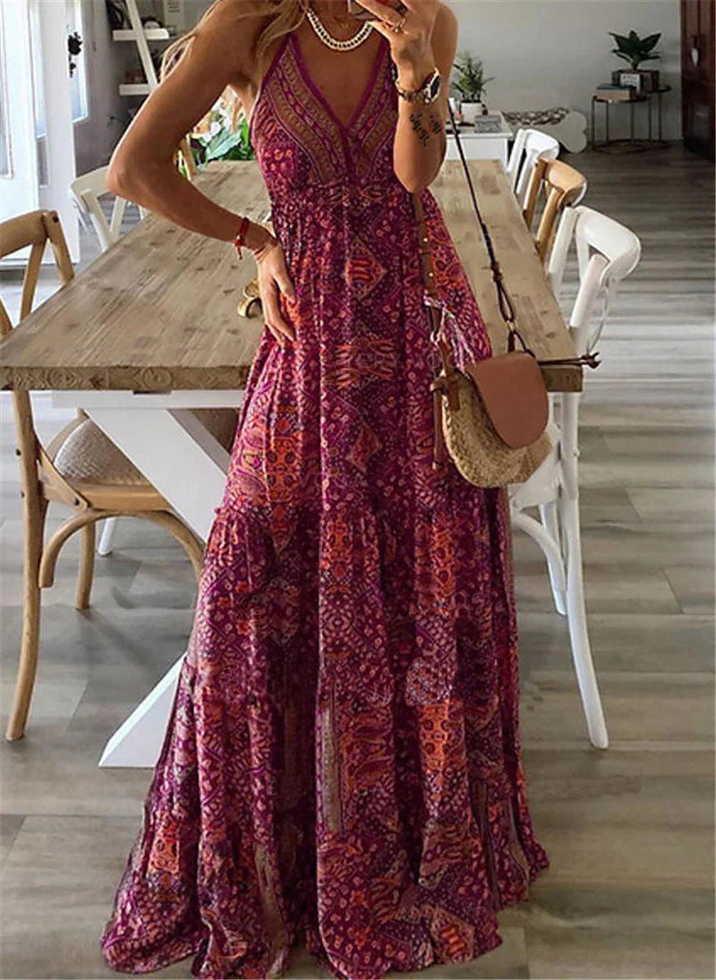 Maria - Vestido de Tirantes Bohemio de Mujer Vestidos Estampados de Cintura Alta