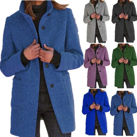 Julissa - Abrigo de lana con cuello alto y botones sólidos retro para mujer