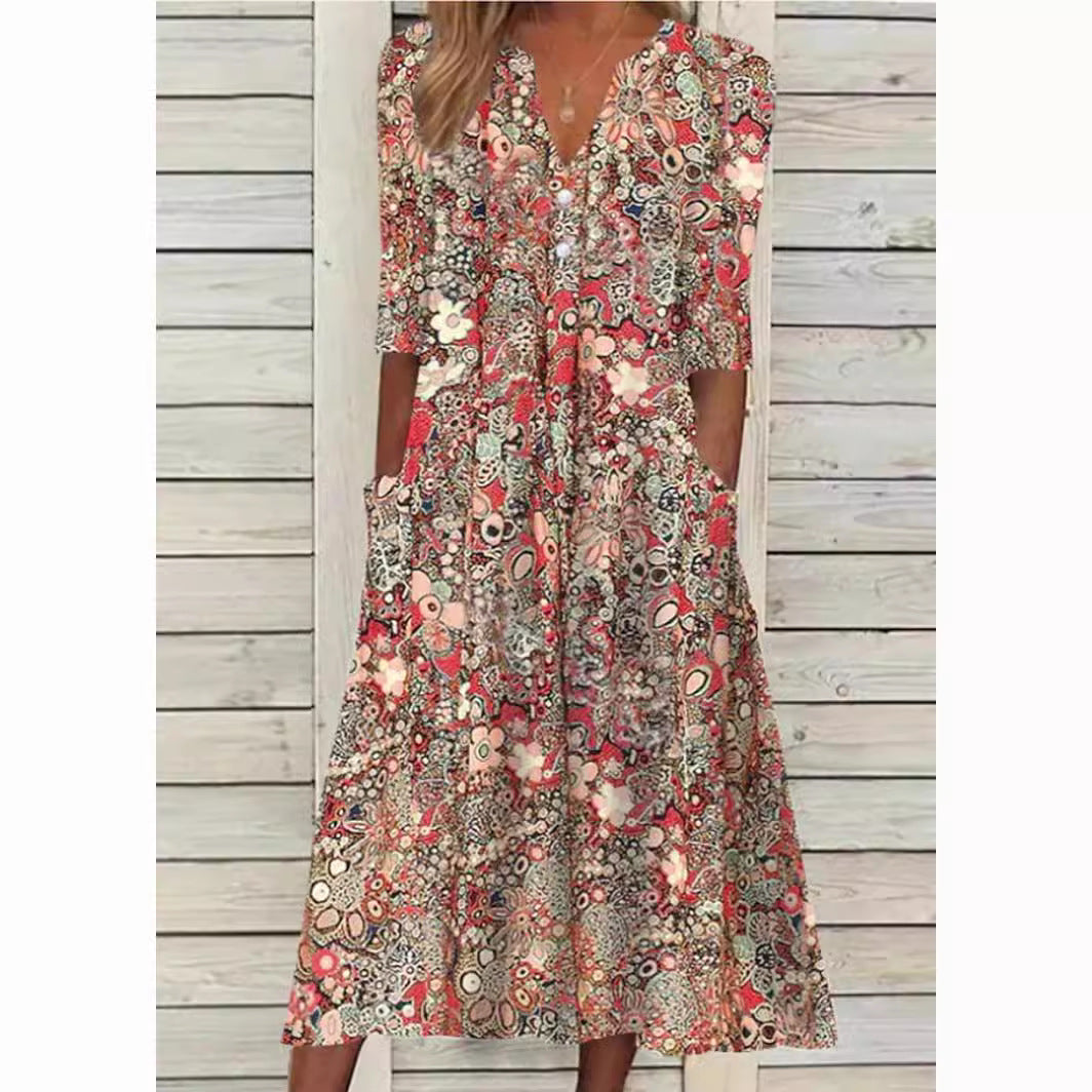 Vestido camisero largo con estampado floral y estilo elegante