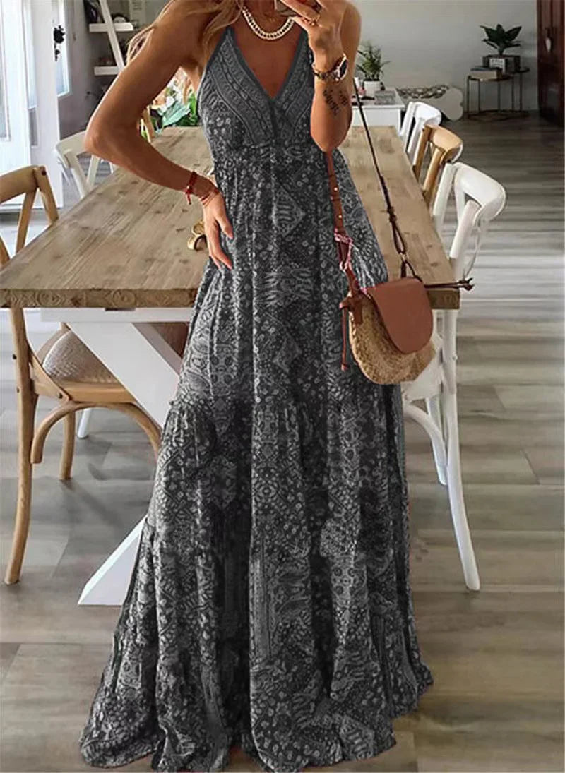 Maria - Vestido de Tirantes Bohemio de Mujer Vestidos Estampados de Cintura Alta