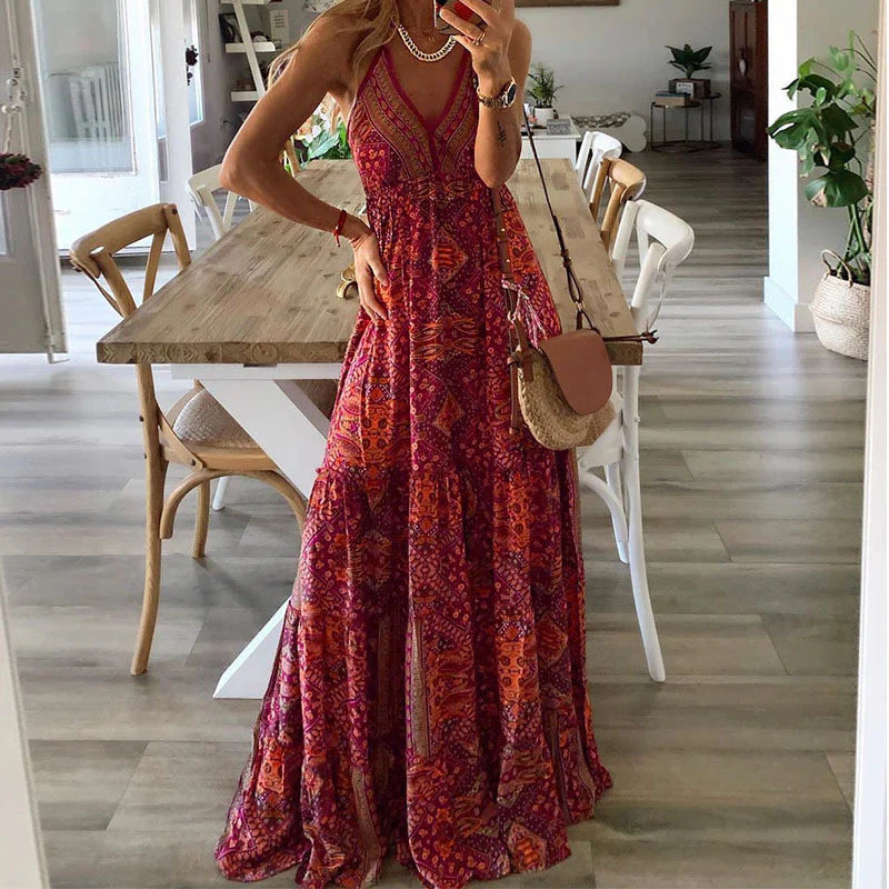 Maria - Vestido de Tirantes Bohemio de Mujer Vestidos Estampados de Cintura Alta