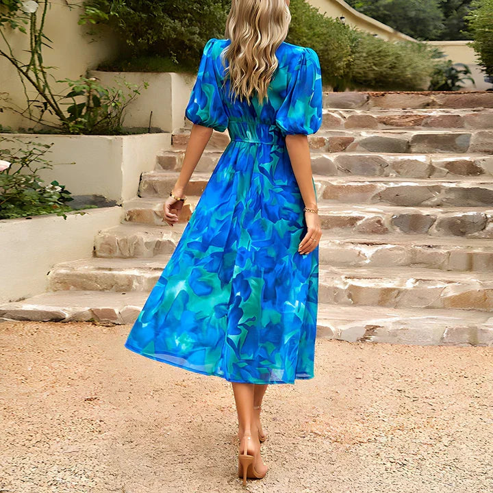 Vestido midi floral moderno para mujer con mangas cortas abullonadas