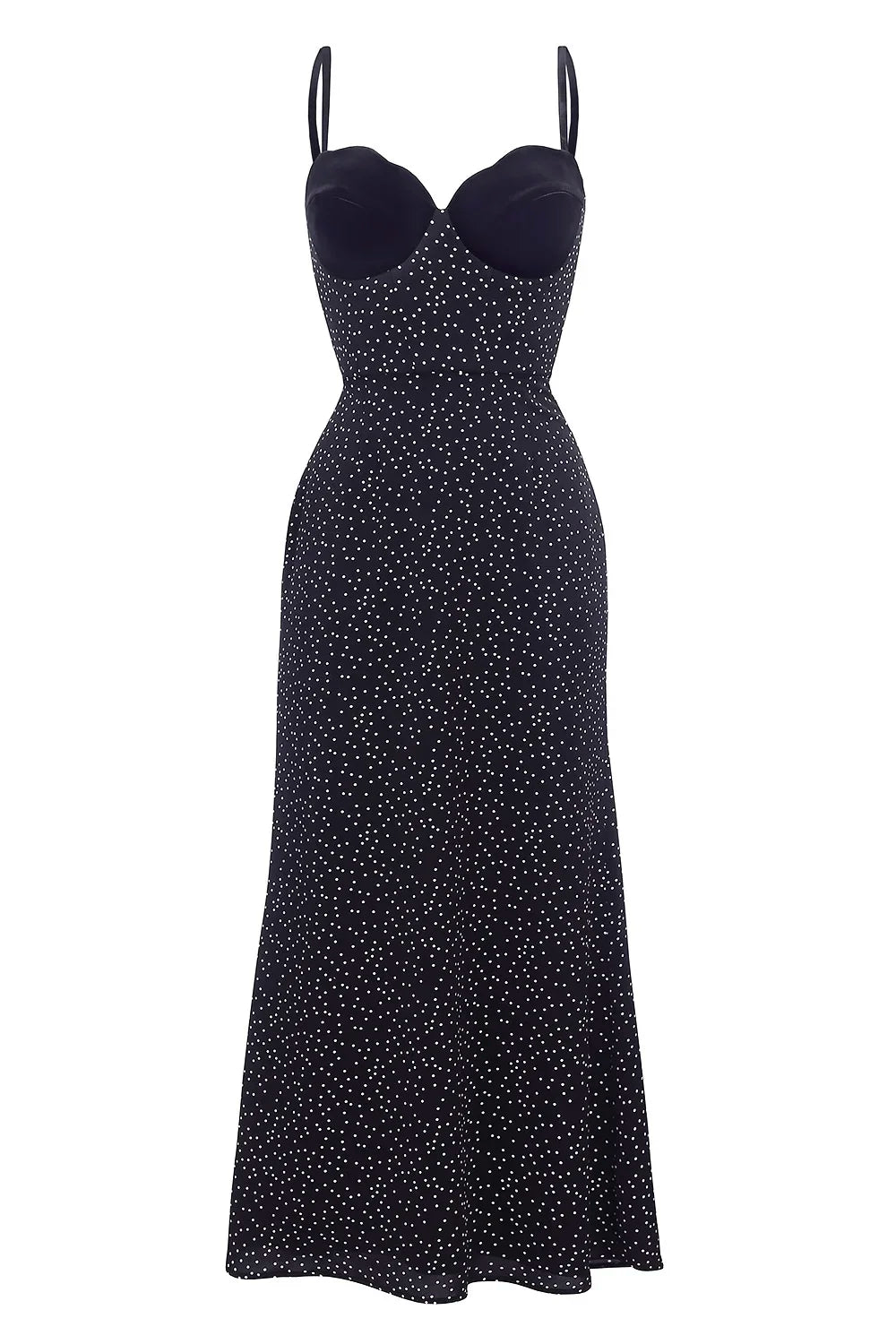 Vestido largo elegante con tirantes finos y estampado de pequeños lunares
