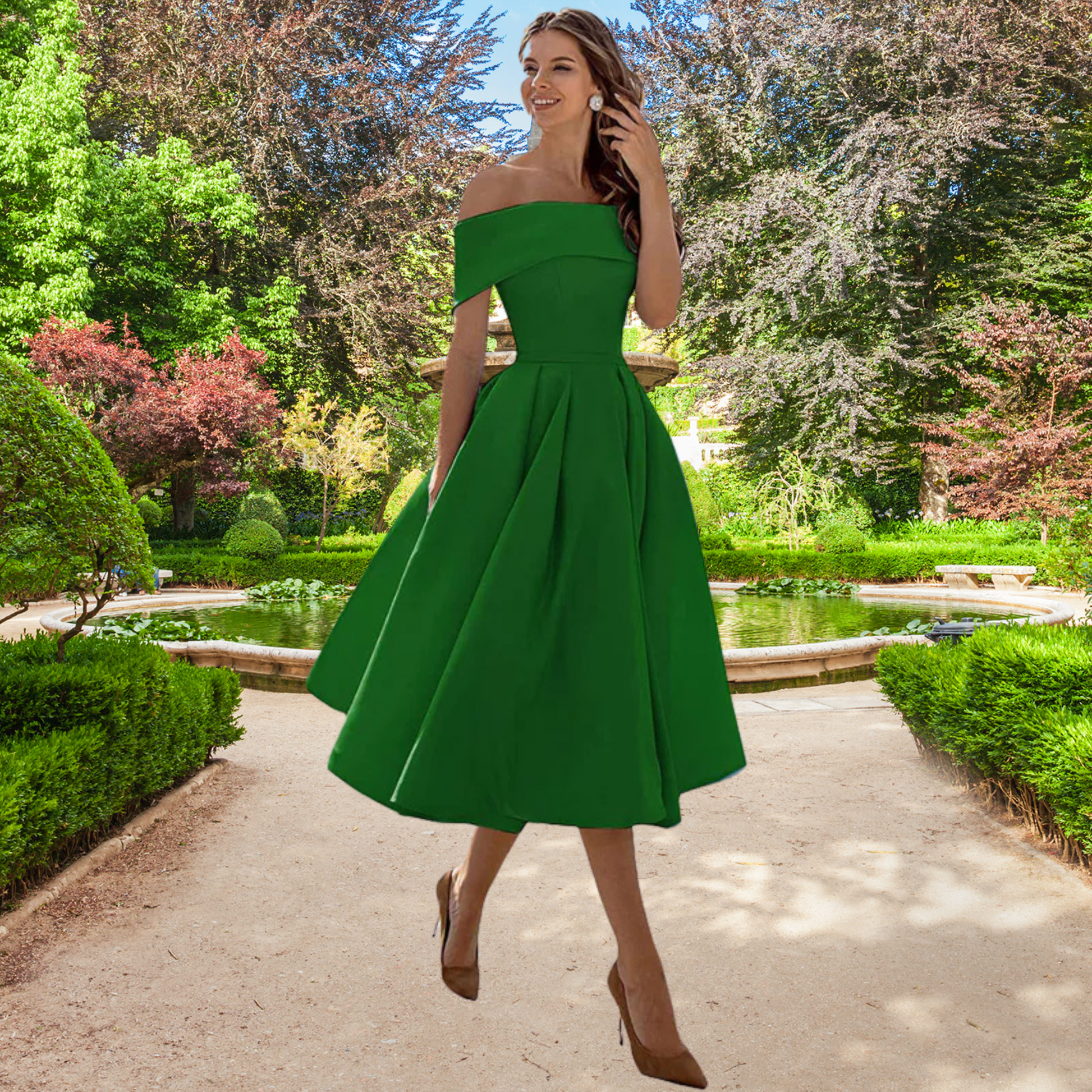 Vestido midi de cóctel sin tirantes con falda amplia y estilo elegante