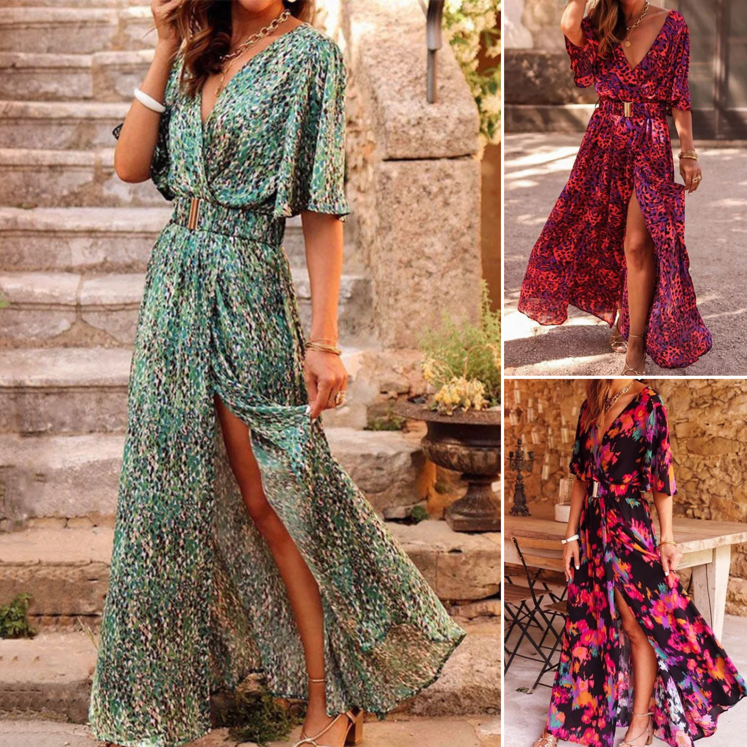 Maxi vestido sofisticado con estampado y abertura lateral elegante