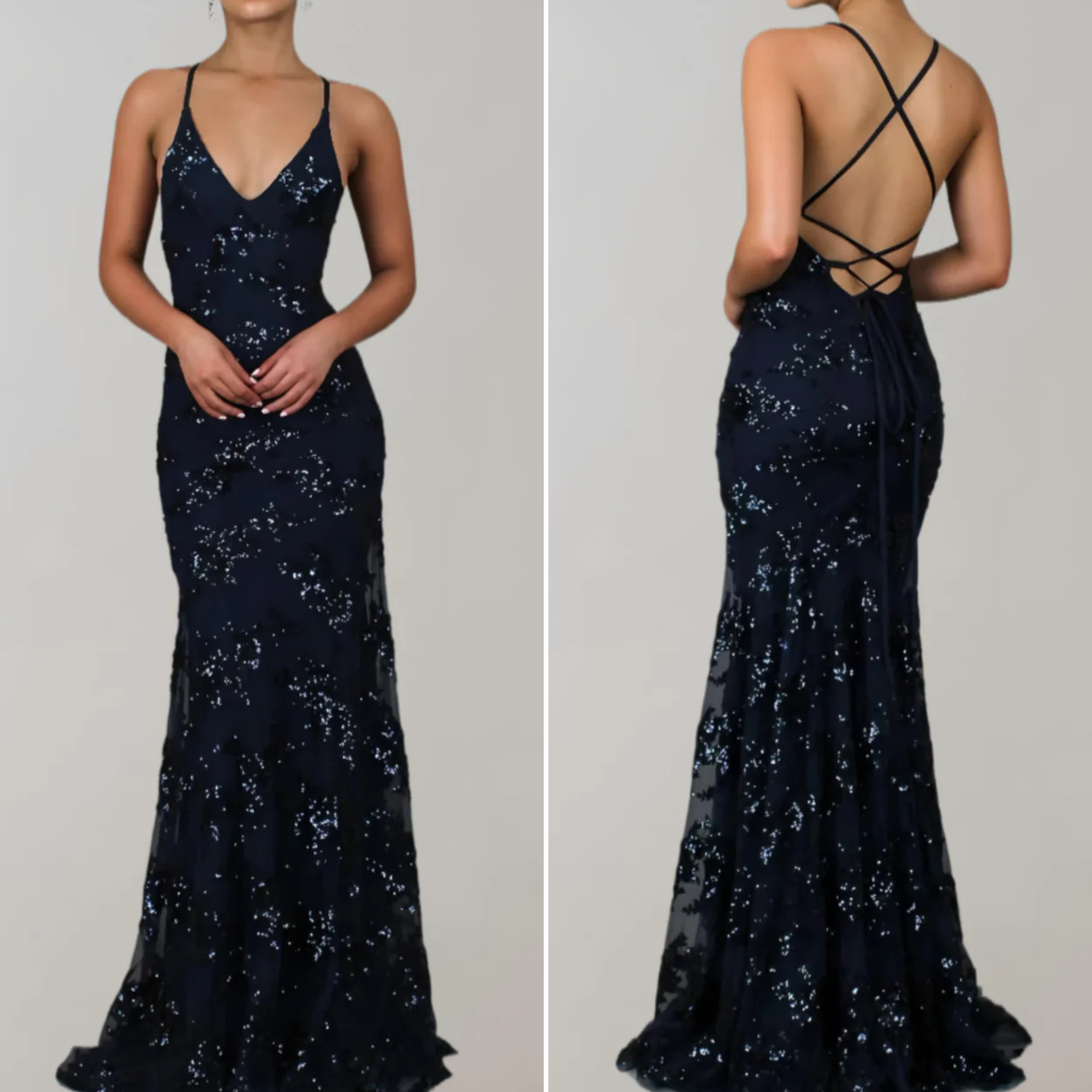Vestido largo sin mangas brillante con espalda descubierta