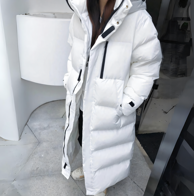 Chaqueta larga de mujer cálida con diseño moderno y elegante para invierno