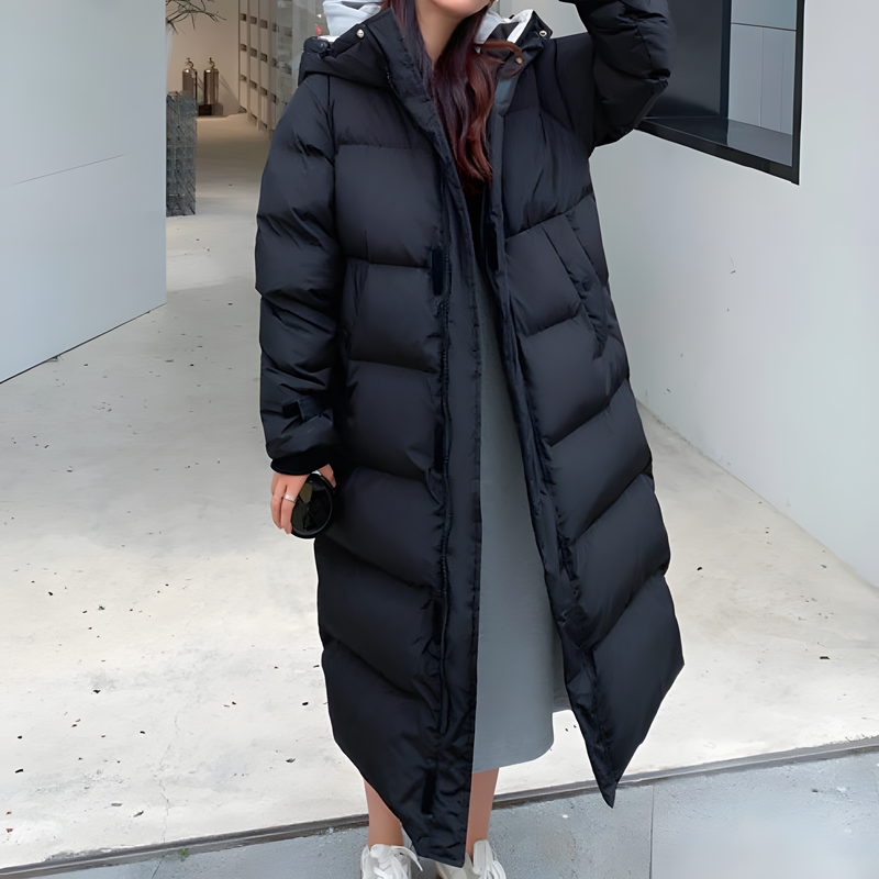 Chaqueta larga de mujer cálida con diseño moderno y elegante para invierno