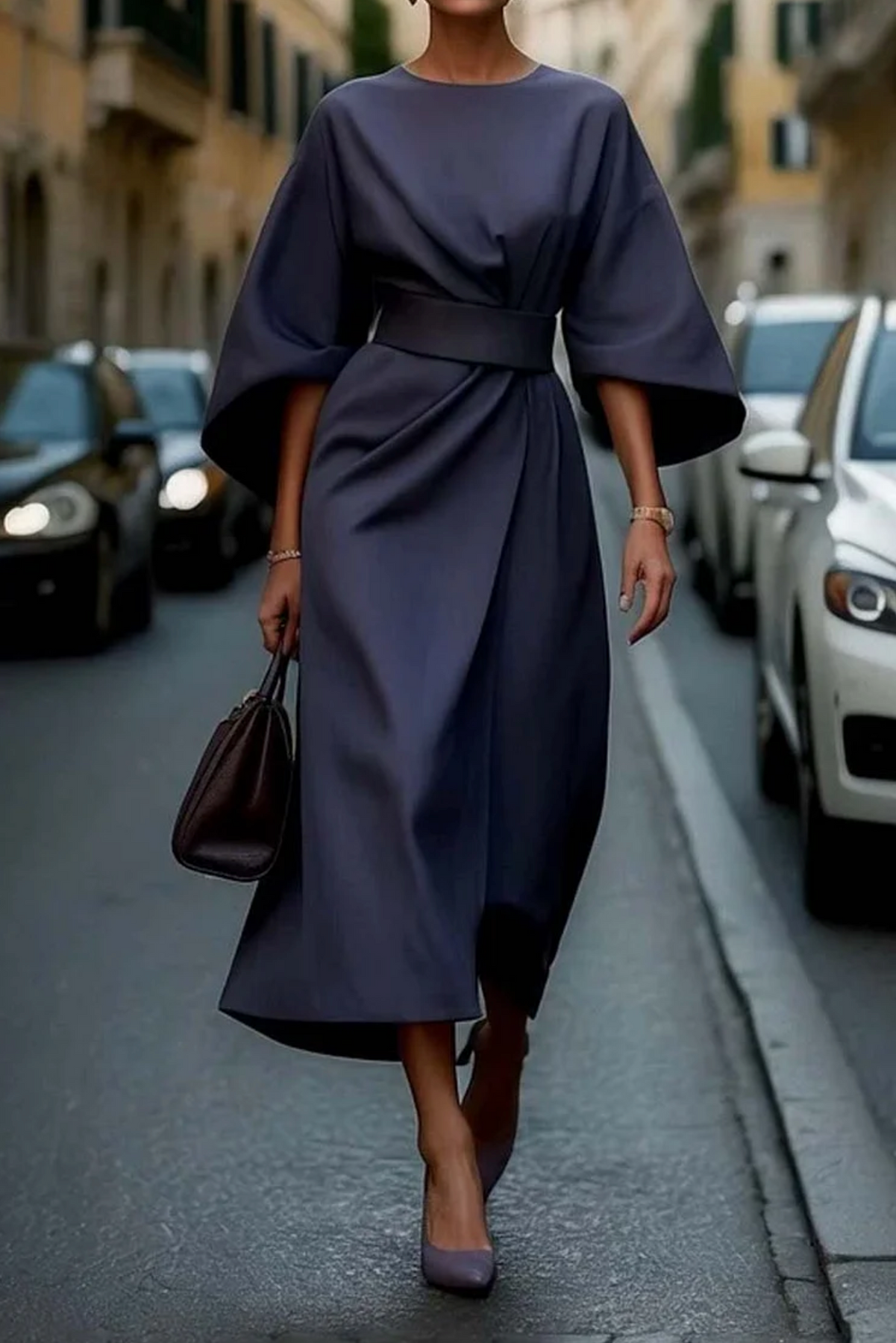 Vestido midi de elegancia clásica con mangas amplias y cinturón ajustable