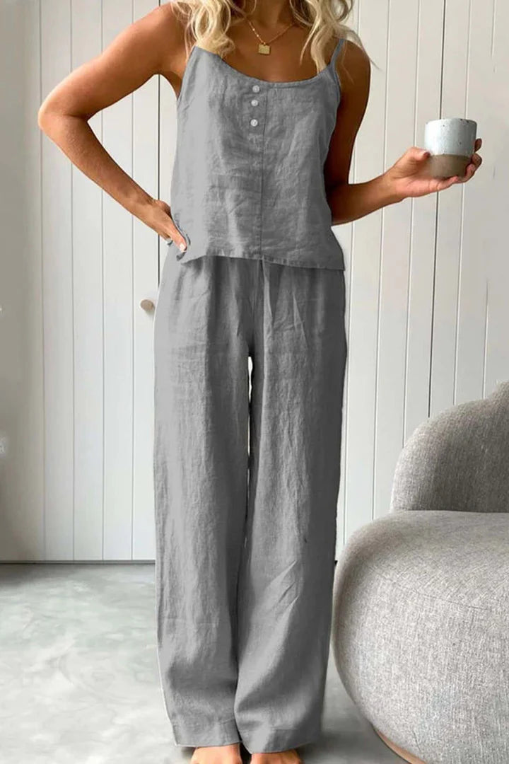 Rebecca - Conjunto de Pantalones Largos con Tirantes de Algodón de Color Sólido