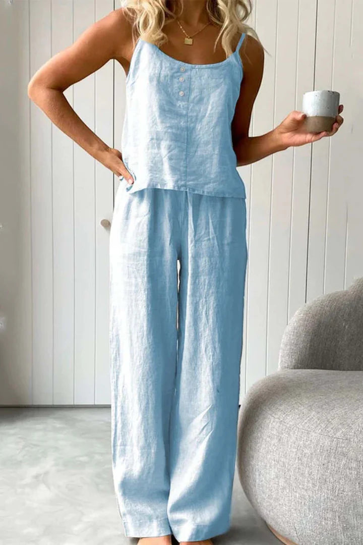 Rebecca - Conjunto de Pantalones Largos con Tirantes de Algodón de Color Sólido