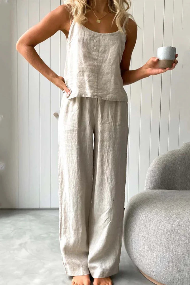 Rebecca - Conjunto de Pantalones Largos con Tirantes de Algodón de Color Sólido