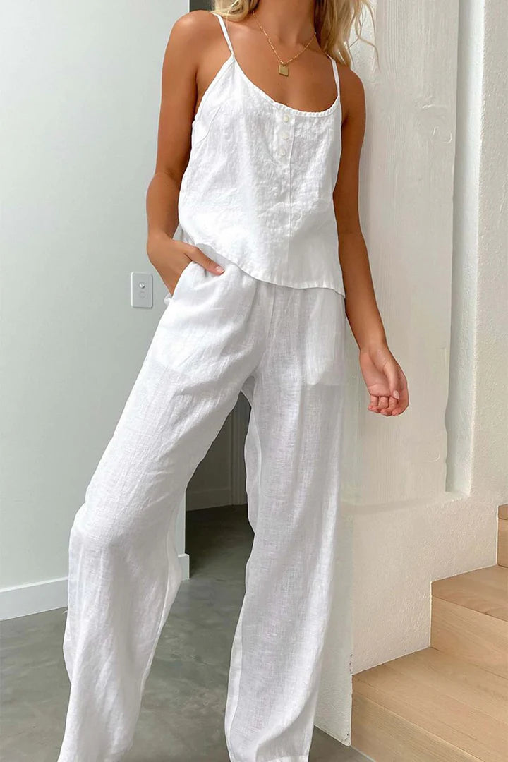 Rebecca - Conjunto de Pantalones Largos con Tirantes de Algodón de Color Sólido