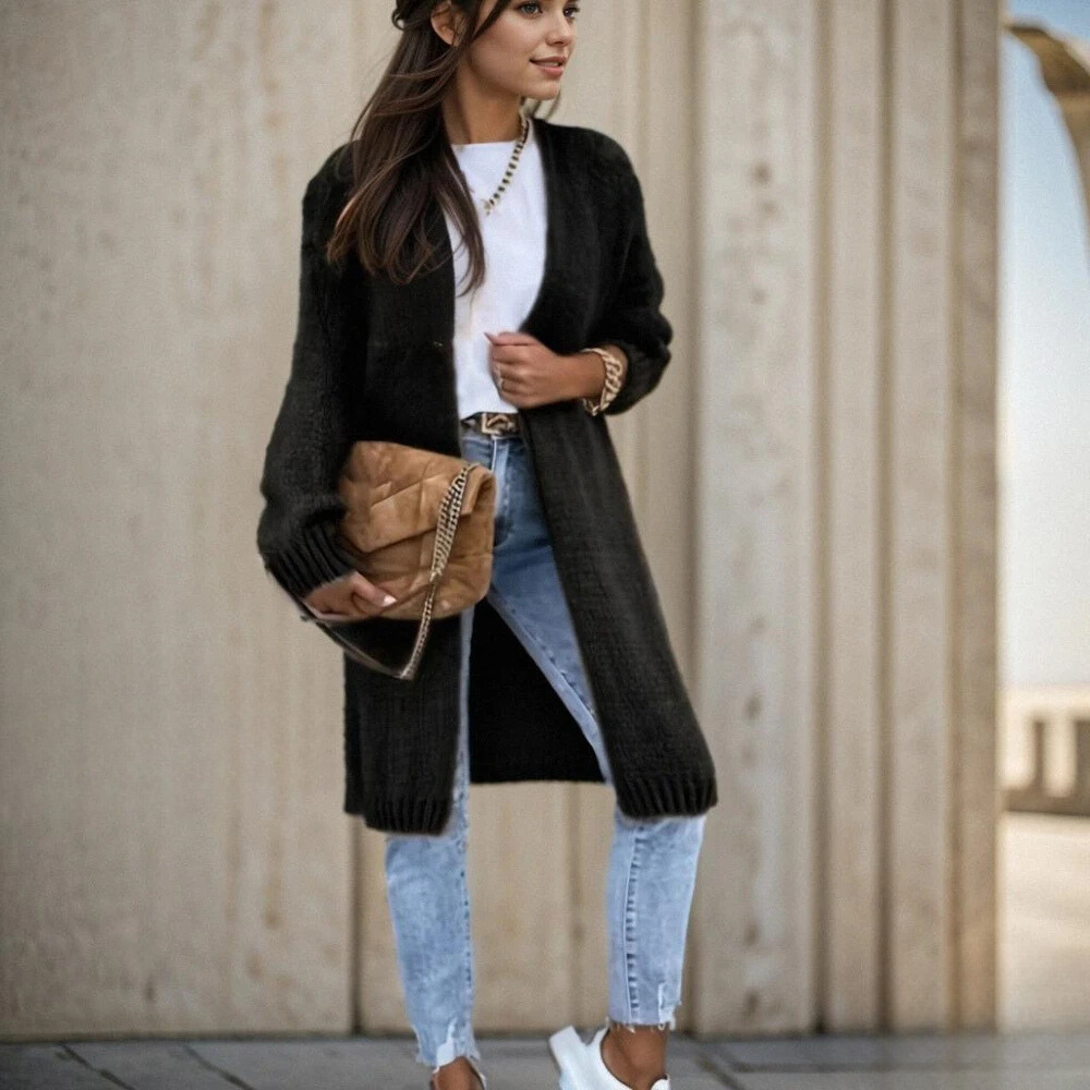 Cárdigan de moda con frente abierto y mangas caídas en diseño de color liso para mujer