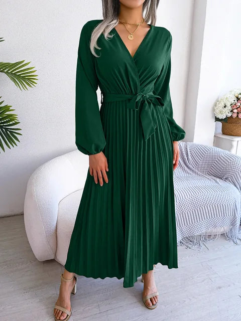 Vestido maxi con escote en V y mangas largas para un mira elegante