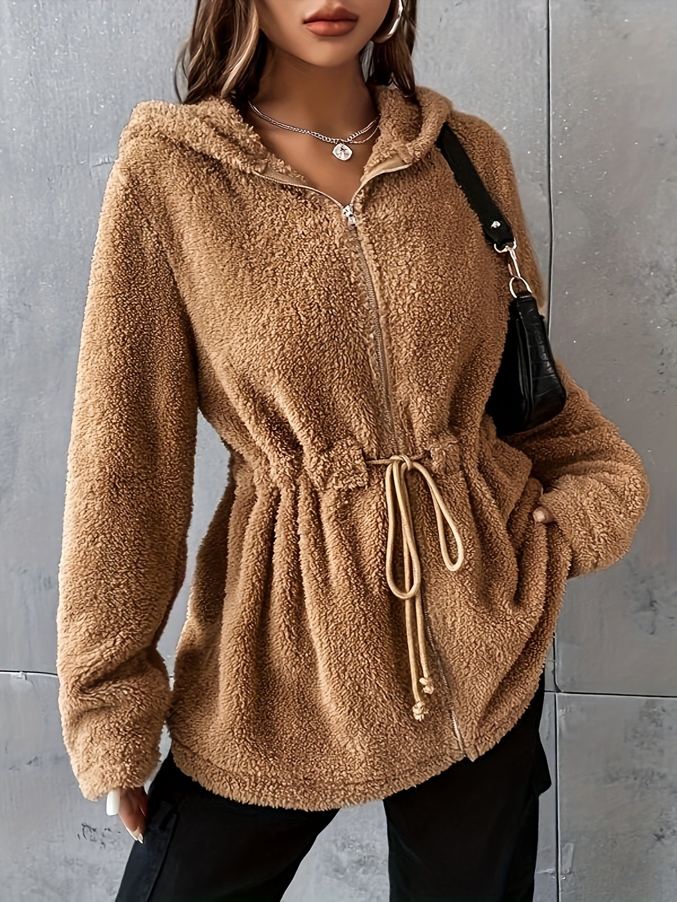 Chaqueta de Teddy con Capucha y Cordón para Mujeres - Ropa de Abrigo Casual con Cremallera