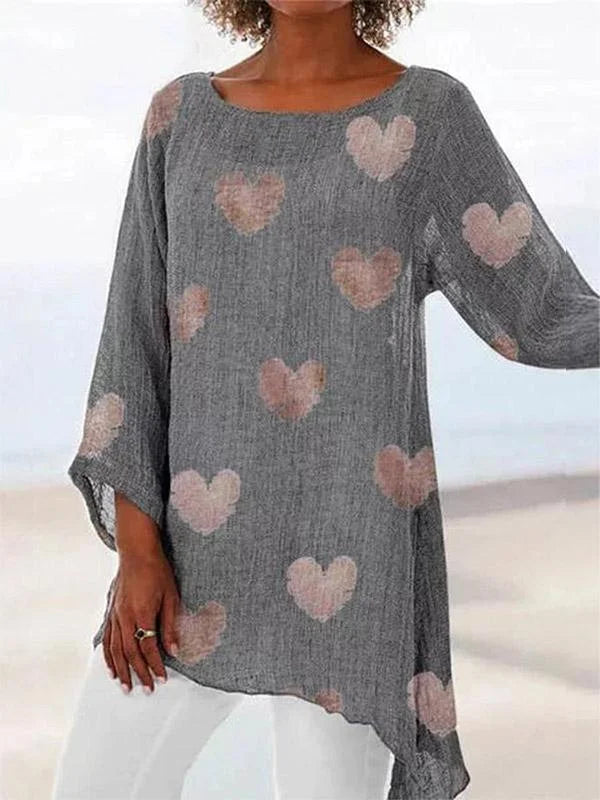 Colette - Camiseta de mujer de algodón y lino con estampado de corazones y cuello redondo