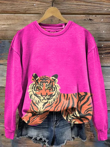 Sudadera Manga Larga Cuello Redondo Estampado Arte Tigre Rosa