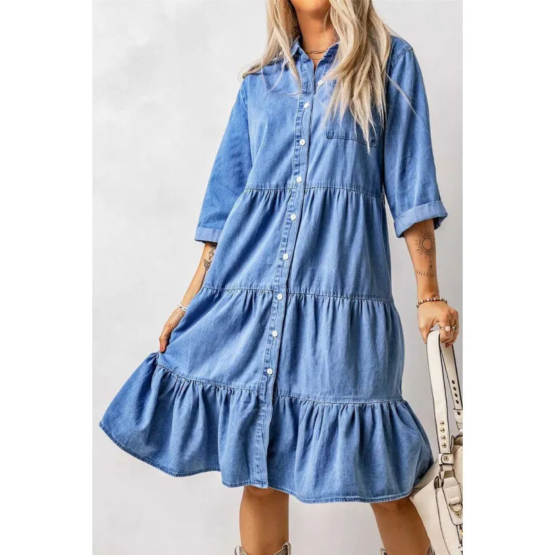 Paula - Minivestido de chambray con volantes y tapeta de botones en denim