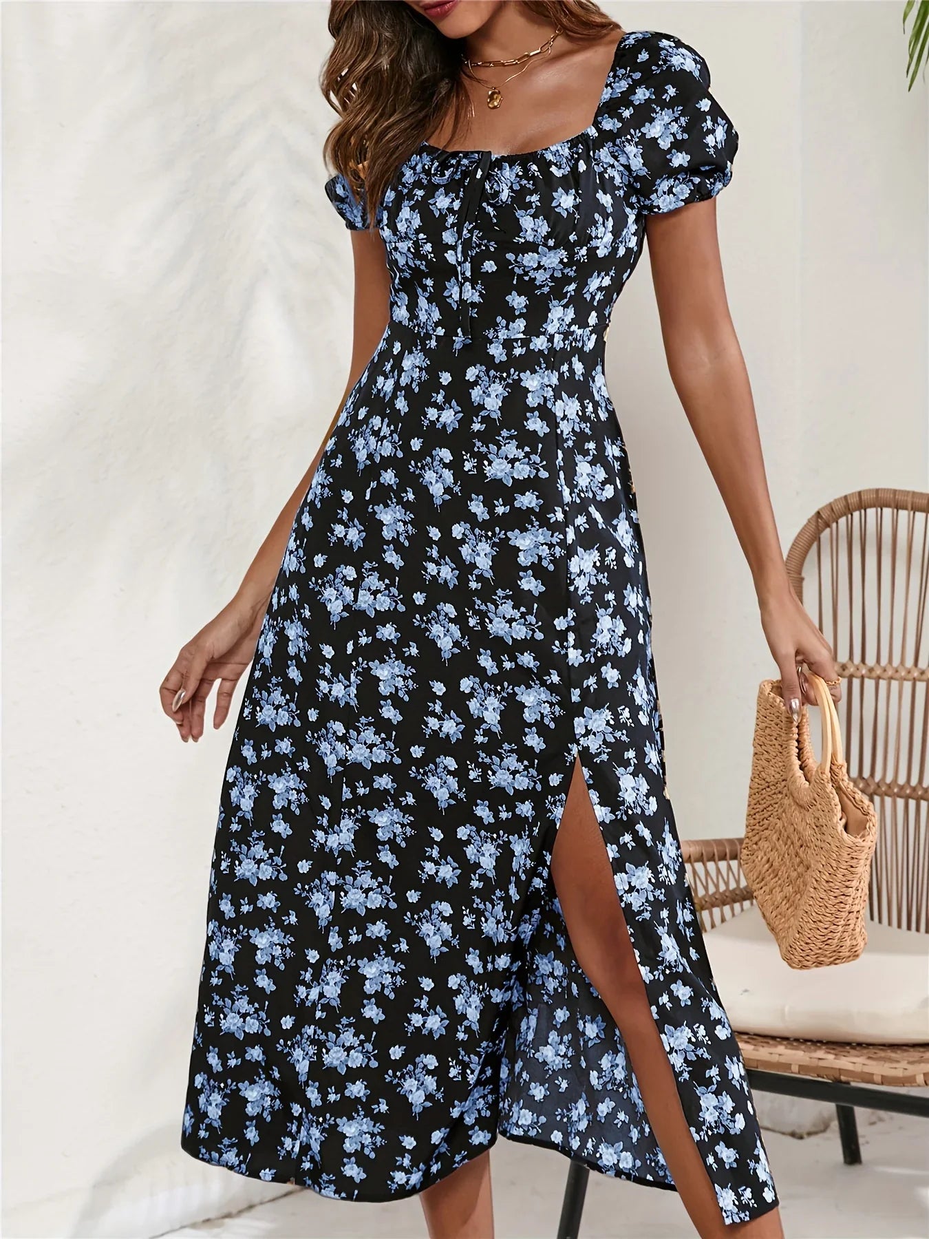 Vestido de manga corta con estampado floral Ditsy y abertura lateral Para primavera y verano, Ropa mujer