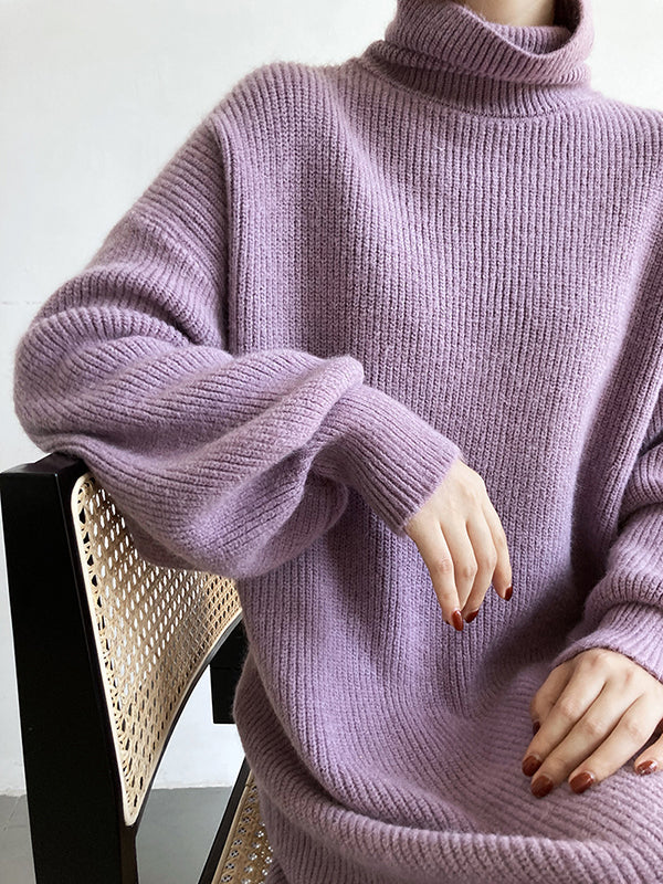 Vestido de Suéter Morado de Cuello Alto y Mangas Abullonadas Largas - Estilo Casual y Elegante