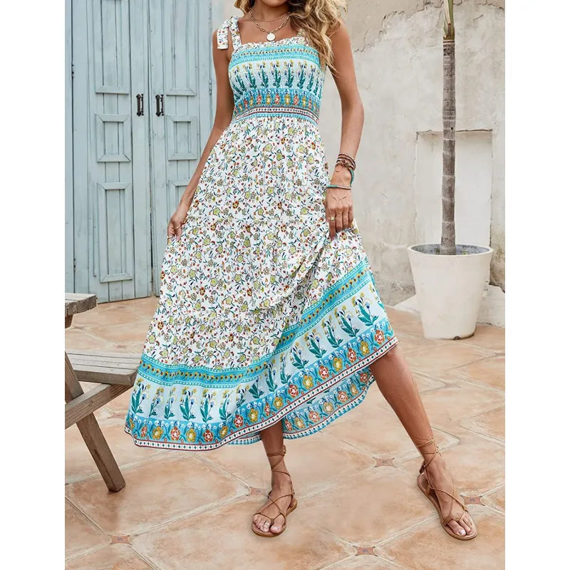 Casandra - Vestidos Sueltos de Tirantes Estampados Bohemios Largos de Verano para Mujer