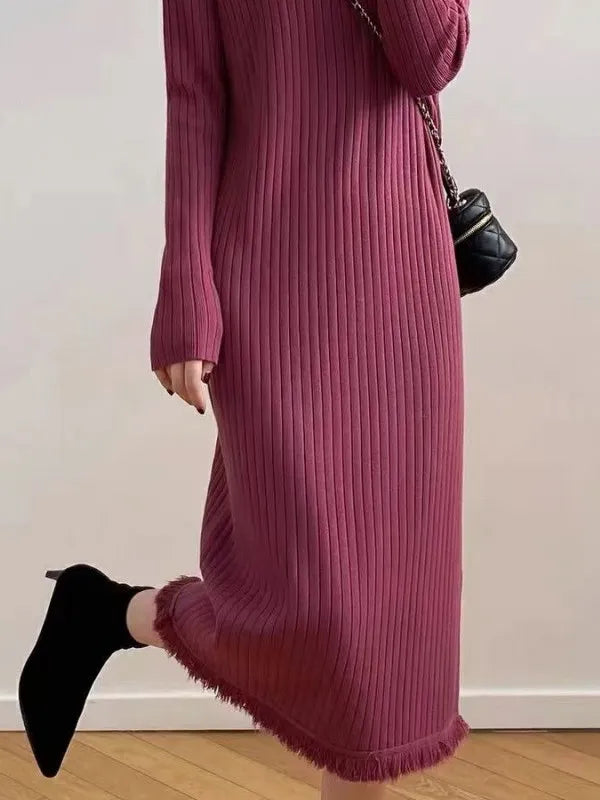 Vestido Suéter Midi de Corte Suelto con Flecos y Cuello Alto - Manga Larga