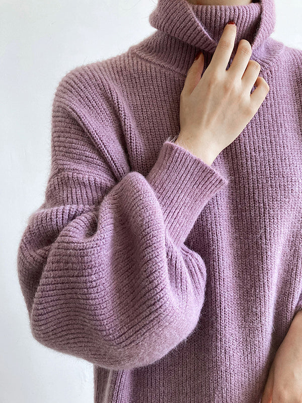 Vestido de Suéter Morado de Cuello Alto y Mangas Abullonadas Largas - Estilo Casual y Elegante