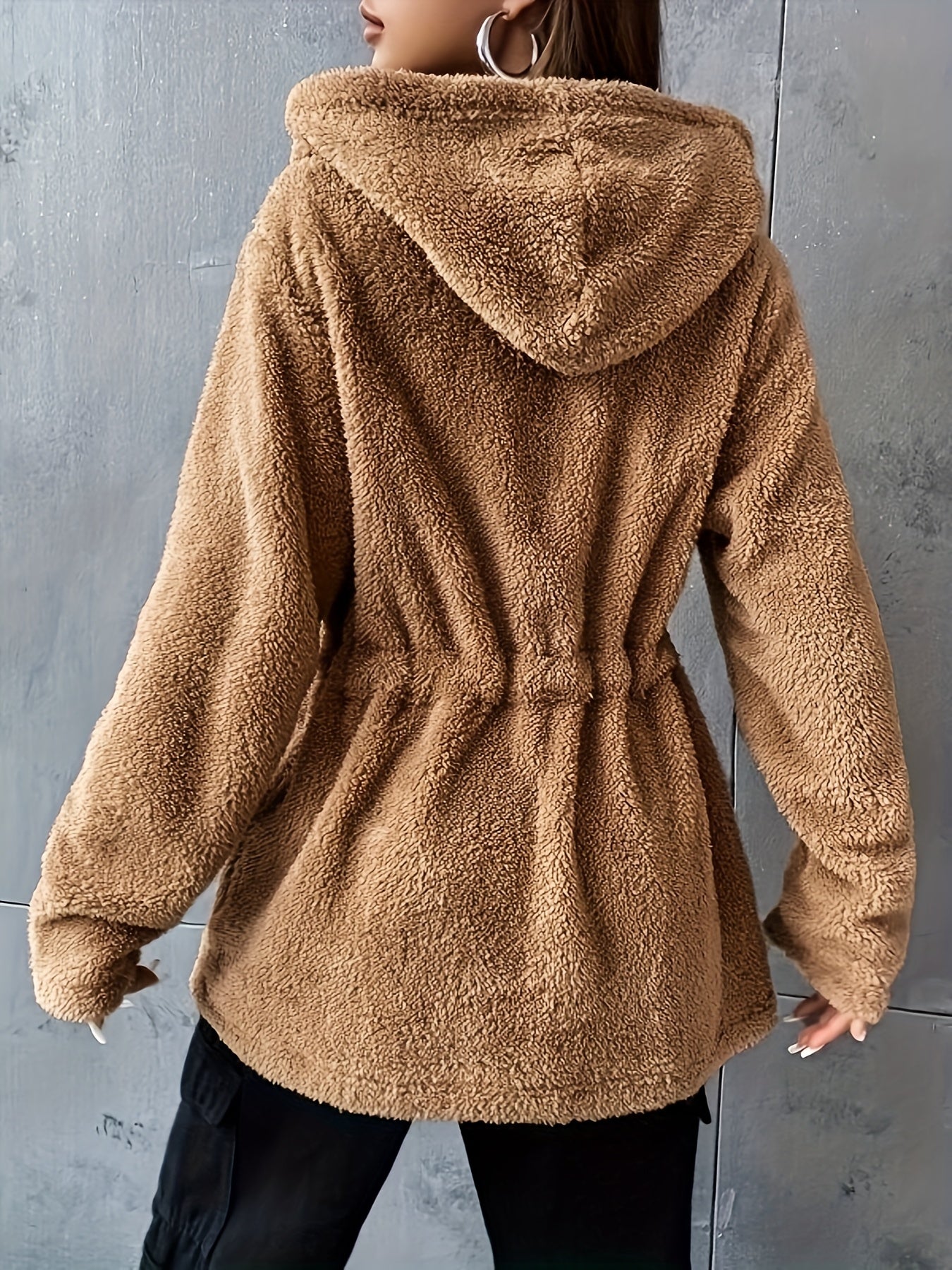 Chaqueta de Teddy con Capucha y Cordón para Mujeres - Ropa de Abrigo Casual con Cremallera