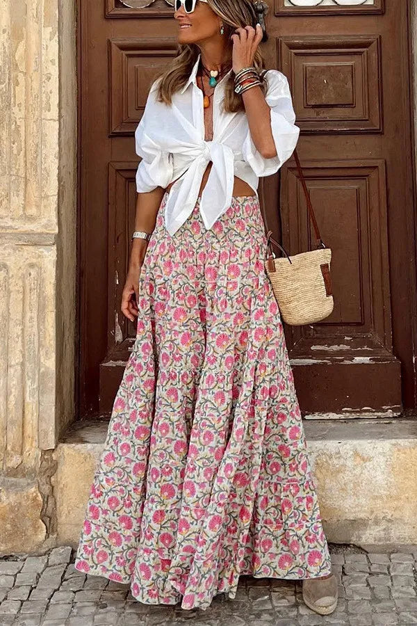 Michelle - Falda boho para mujer, estampado floral, gran falda de playa para vacaciones