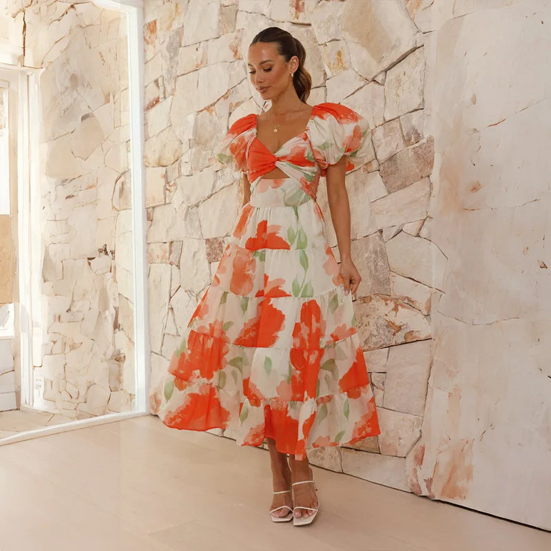 Vestido largo elegante con estampado floral sofisticado