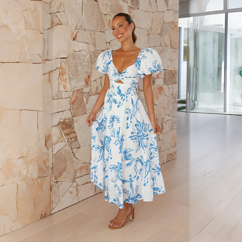 Vestido largo elegante con estampado floral sofisticado