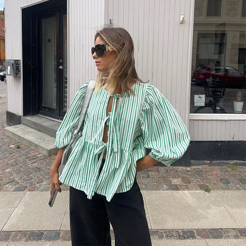 Roberta - Camisa de manga abullonada con cordones para mujer