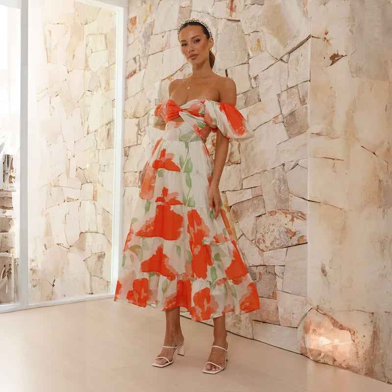 Vestido largo elegante con estampado floral sofisticado
