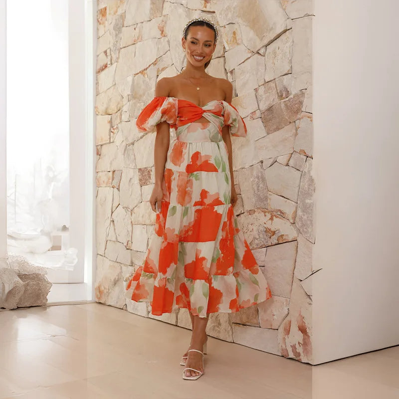 Vestido largo elegante con estampado floral sofisticado