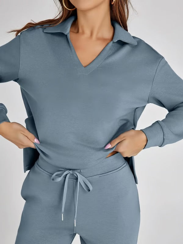 Conjunto Informal de Manga Larga de 2 Piezas para Mujer – Estilo Relajado y Confortable