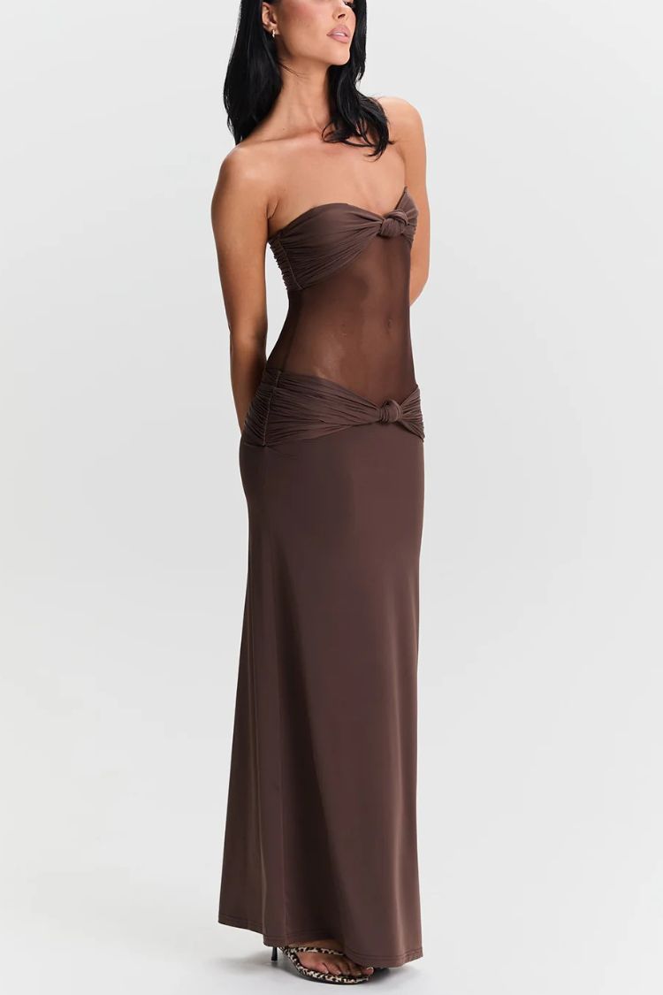 Vestido largo ajustado con tirantes desmontables y detalle drapeado