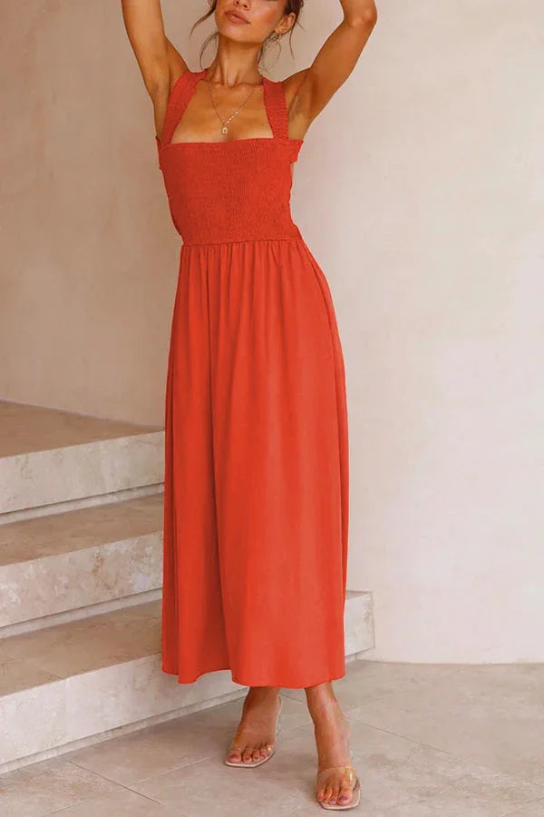 Vestido midi Bendita con bolsillos y espalda cruzada fruncida