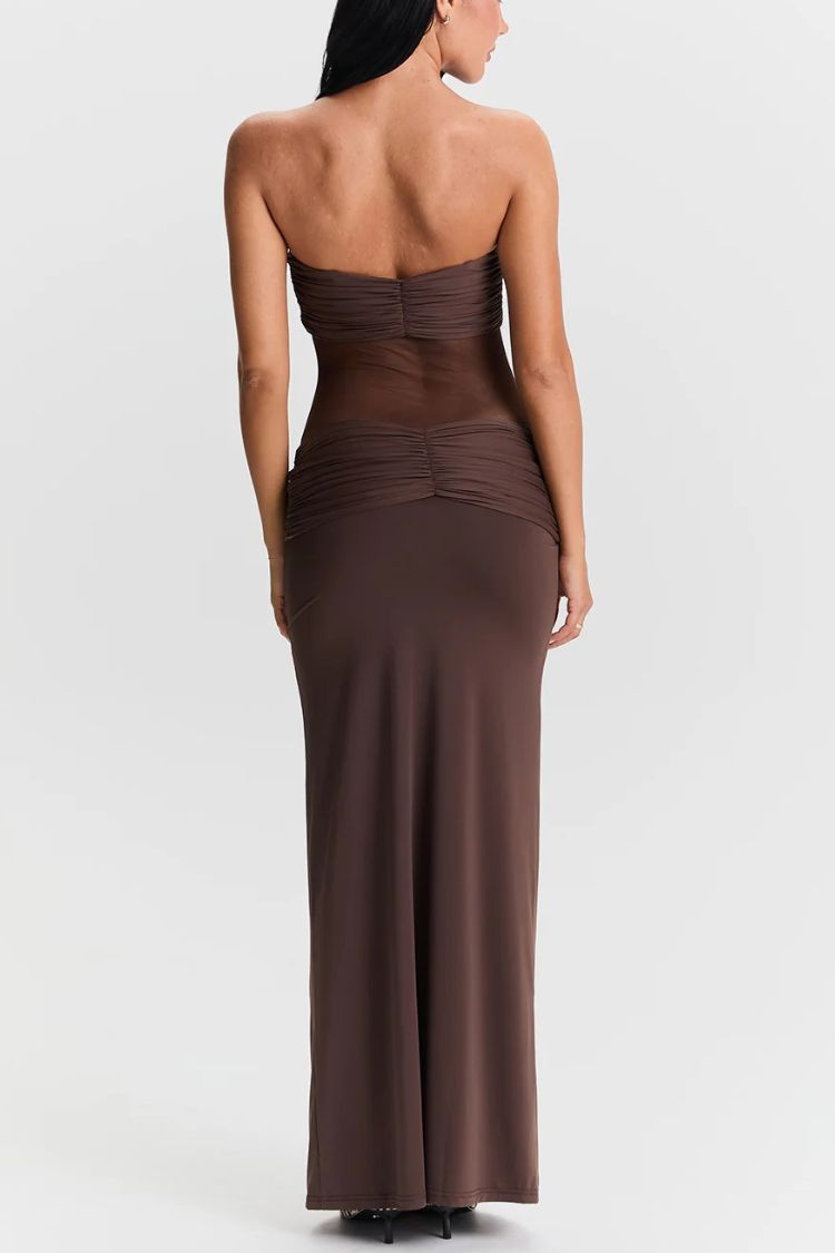 Vestido largo ajustado con tirantes desmontables y detalle drapeado