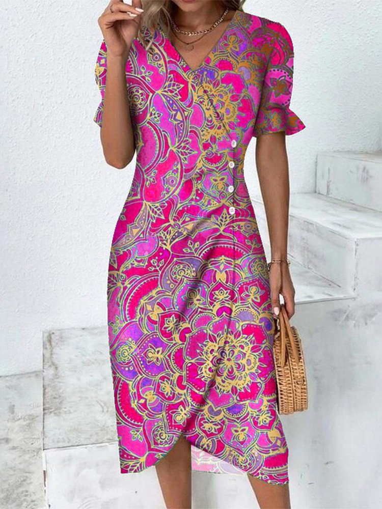 Vestido Elegante con Volantes y Corte Cruzado, Estilo Étnico para Mujer