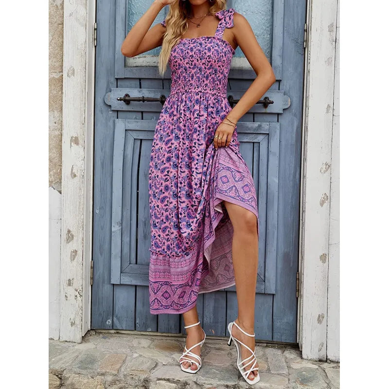 Casandra - Vestidos Sueltos de Tirantes Estampados Bohemios Largos de Verano para Mujer