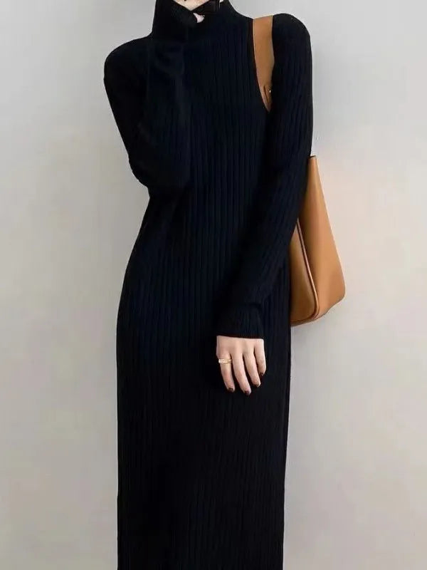 Vestido Suéter Midi de Corte Suelto con Flecos y Cuello Alto - Manga Larga