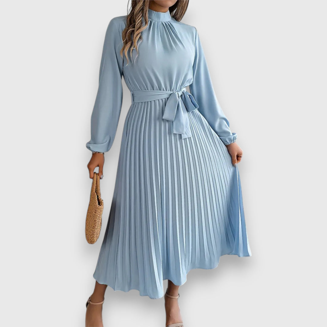 Vestido midi casual con falda plisada cinturón y mangas largas