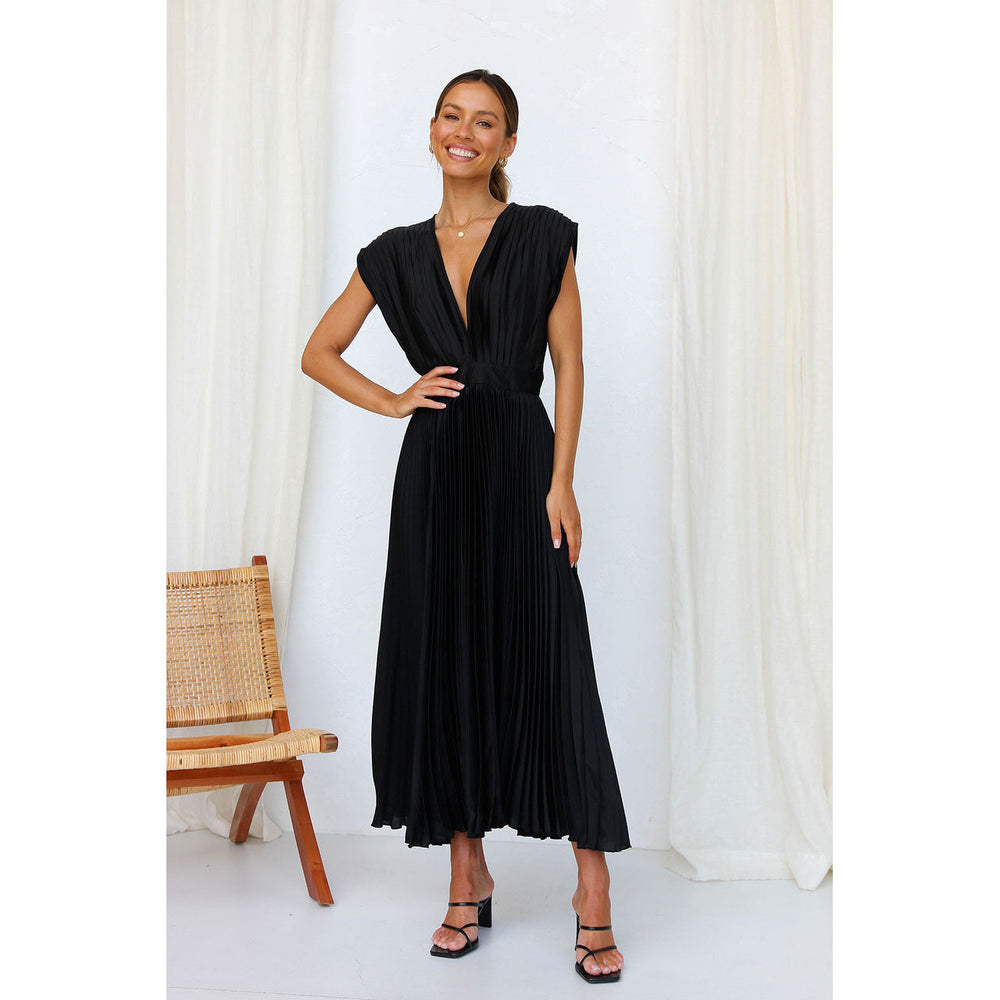 Vestido largo plisado elegante con escote en pico para ocasiones especiales