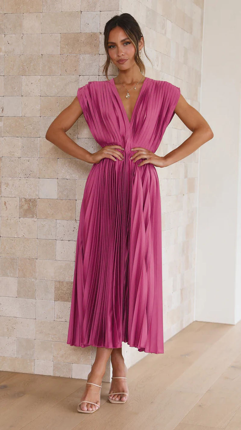 Vestido largo plisado elegante con escote en pico para ocasiones especiales